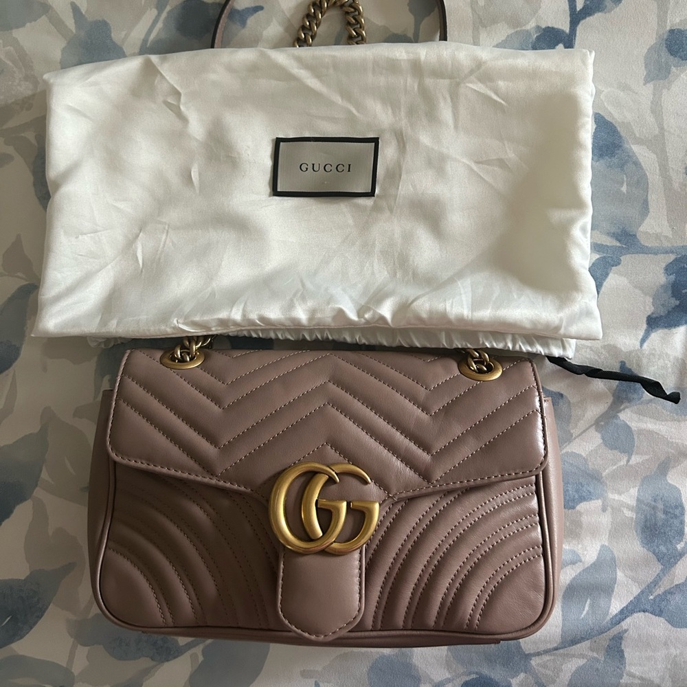 Gucci GG Marmont Bag - Taupe/Rose Leather Shoulder Bag with Gold Accents